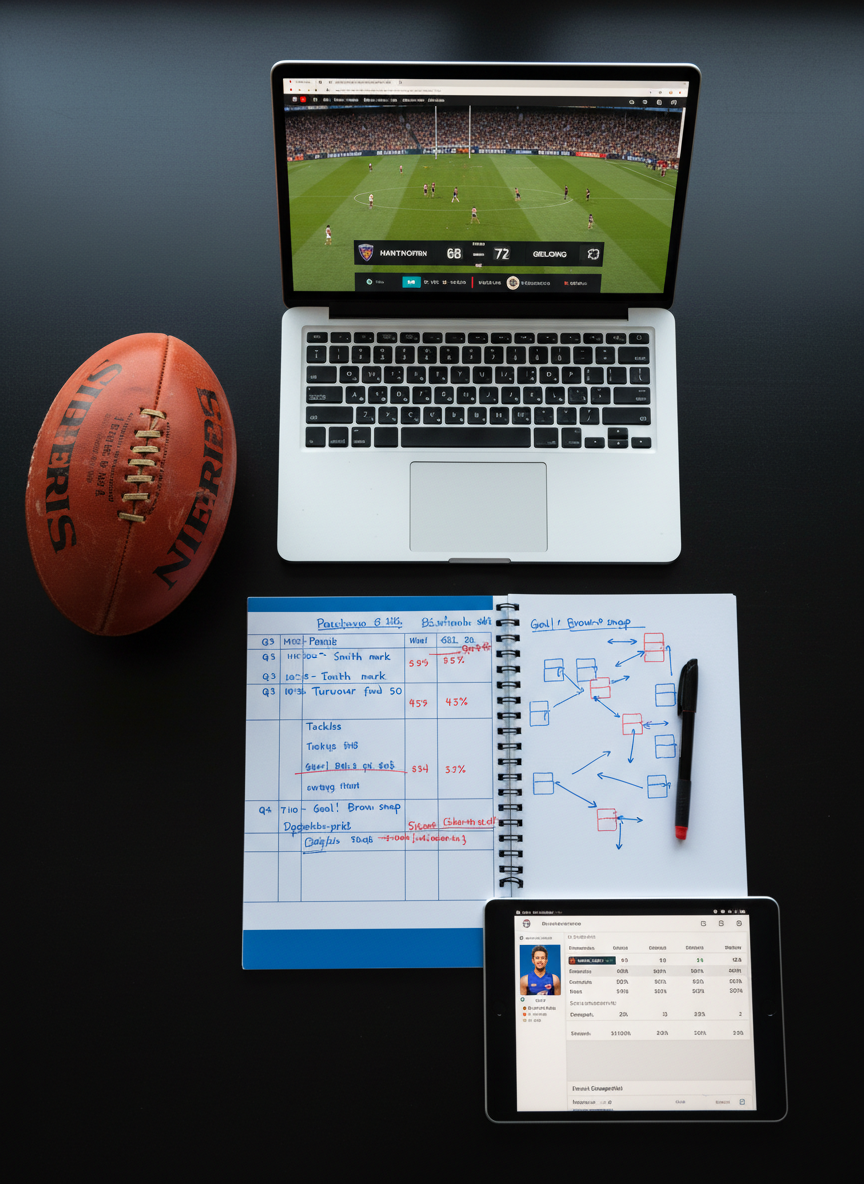 An overhead shot of a carefully laid-out sports reporting workspace featuring a laptop streaming a paused Australian football match, a spiral notebook filled with tactical diagrams and time-stamped notes, and a tablet displaying live statistics and player profiles. A well-worn leather football sits to the side, its textured surface sharply in focus. The scene is set on a matte black desk surface with a subtle reflection. Cool, diffused afternoon light from an unseen window softly illuminates the devices, giving the screens a gentle glow without harsh glare. Photographic realism with sharp focus throughout, creating an analytical, data-driven, and highly focused atmosphere that reflects a journalism student specializing in sport.