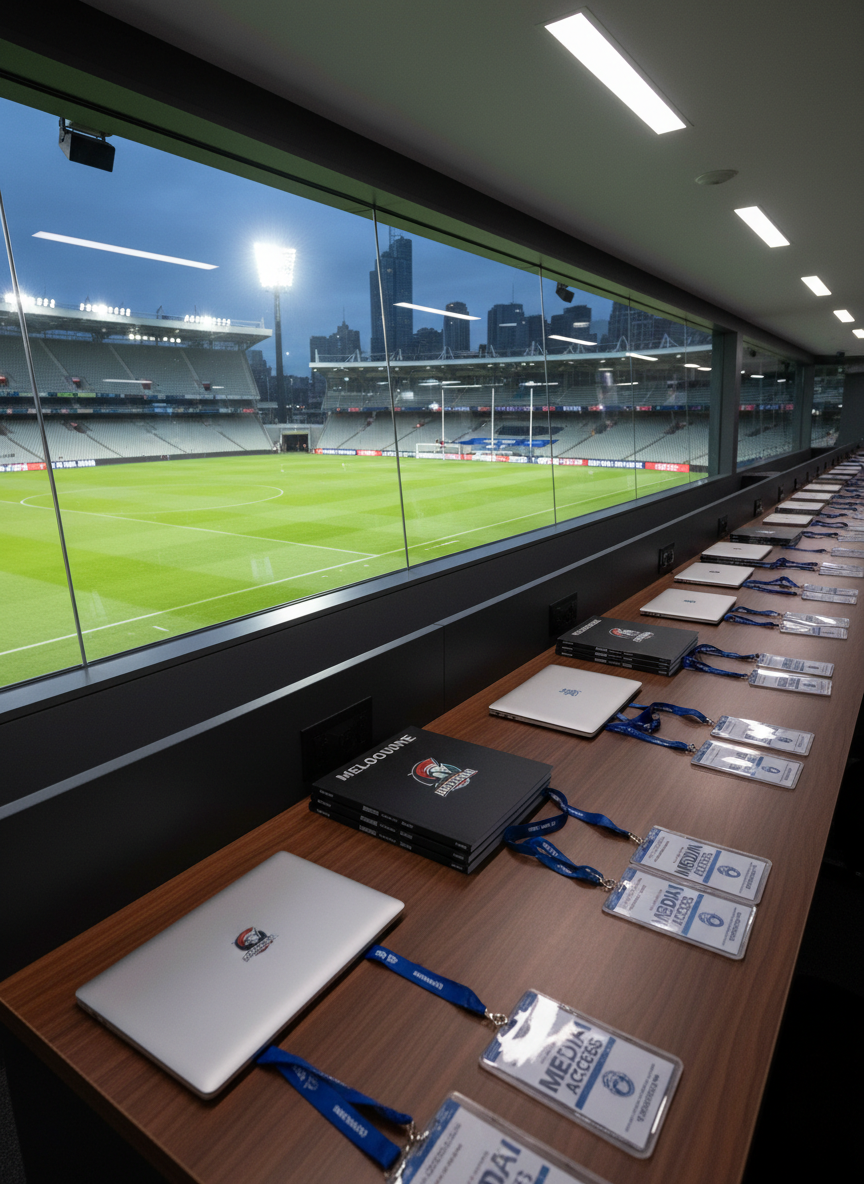A professional press box environment at a large stadium, shown without people, focusing on a long row of narrow desks lined with closed laptops, neatly stacked media guides, and press passes labeled with generic credentials. Through the wide glass window, an expansive sports field stretches out under bright floodlights, slightly out of focus to emphasize the workspace. The interior is lit by a mix of cool artificial overhead lighting and the strong, crisp light spilling in from the illuminated field. Photographic realism, captured from a slightly elevated angle with a deep depth of field, conveying anticipation, professionalism, and the unique vantage point of sports journalism in Melbourne.
