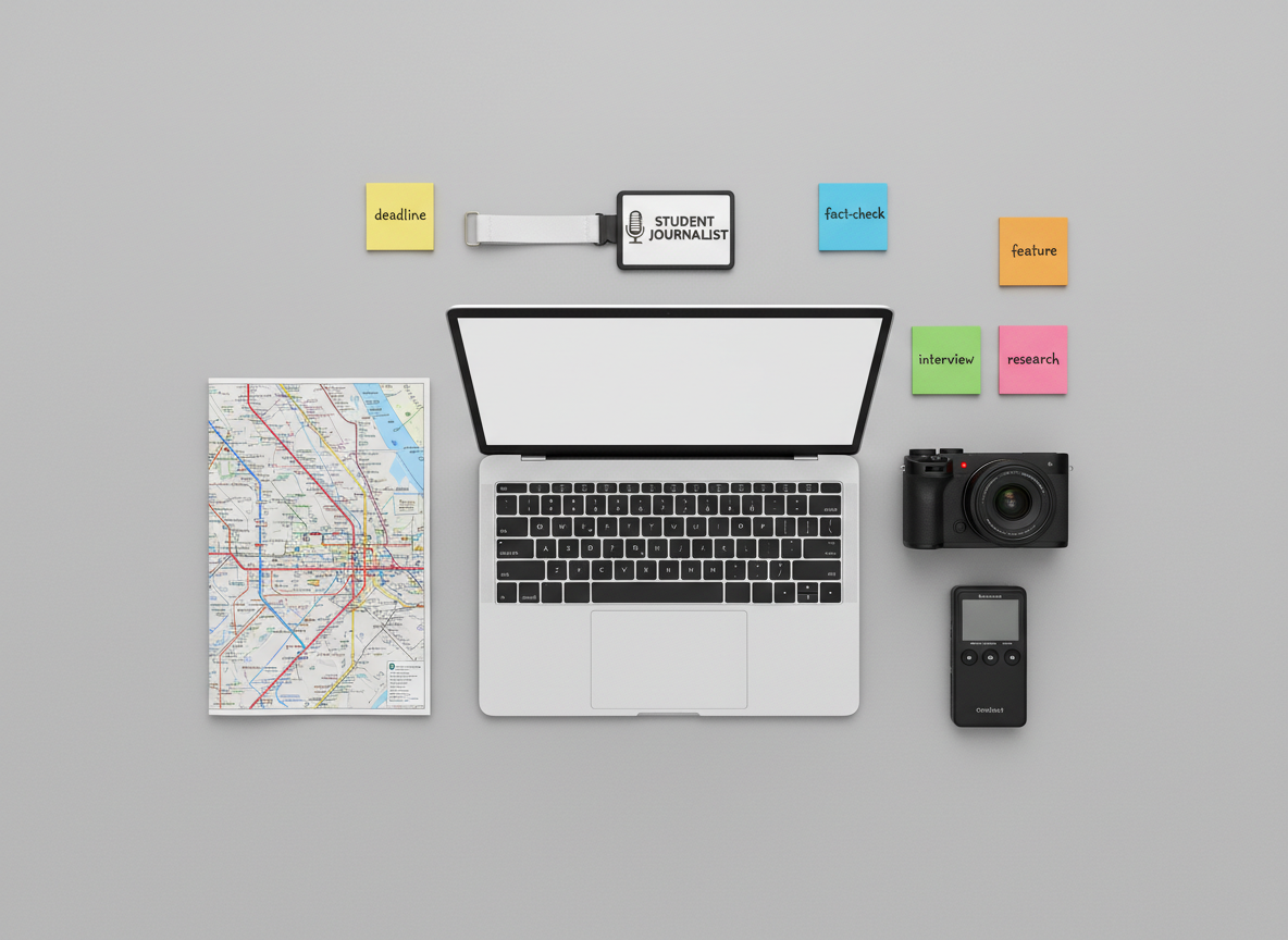 A minimalist flat lay of essential journalism tools arranged precisely on a neutral grey background: a slim modern laptop, a compact mirrorless camera with a zoom lens, a digital voice recorder, a neatly folded Melbourne public transport map, and a printed press badge labeled “Student Journalist.” Small, color-coded sticky notes with single-word prompts like “deadline,” “fact-check,” and “feature” are scattered with intentional order. Soft, even studio lighting eliminates harsh shadows, creating a clean, contemporary look. Photographic realism with sharp focus on every object, framed symmetrically from a bird’s-eye view. The mood is organized, ambitious, and methodical, ideal for an about or skills page on a professional journalism portfolio site.