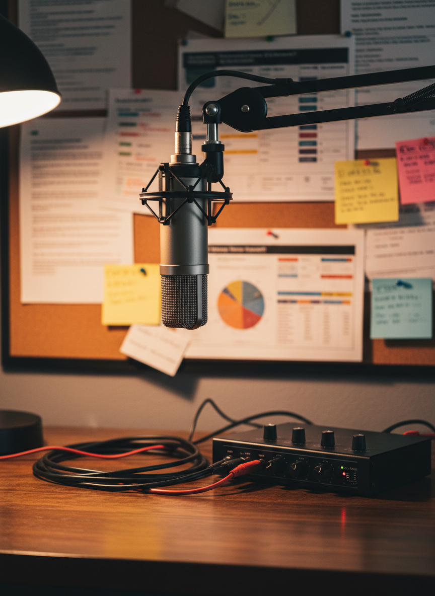 A close-up of a polished metal microphone with a fine mesh grille, mounted on a black boom arm above a tidy workspace, with a modern audio interface and neatly coiled cables on a dark wooden table. In the blurred background, a corkboard covered with printed interview questions, game statistics, and color-coded story outlines suggests ongoing sports reporting projects. Warm, directional desk-lamp lighting highlights the metallic texture of the microphone and casts soft shadows, creating a cinematic, behind-the-scenes newsroom feel. Photographic realism, captured from a slightly low angle with rule-of-thirds composition, conveying professionalism, preparation, and the craft of interviewing for journalism.